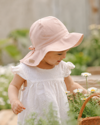 Sepcute, Palarii - Pălărie de Soare din In BabyLy – Roz Pudrat, Protecție Completă Cap-Urechi-Ceafă, Reglabilă | 0-3 Ani, Handmade Polonia