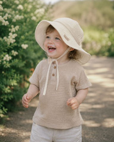 Sepcute, Palarii - Pălărie de Soare din Muselină BabyLy – Nisip Natural, Protecție Completă Cap-Urechi-Ceafă, Reglabilă | 0-3 Ani, Handmade Polonia