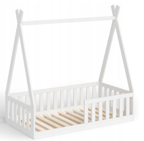 Pat Copii TIPI 140x70cm Alb din Lemn Masiv de Pin – Design Scandinav Căsuță, Montaj Direct pe Podea, cu Somieră | Sarcină Max 110kg [5]