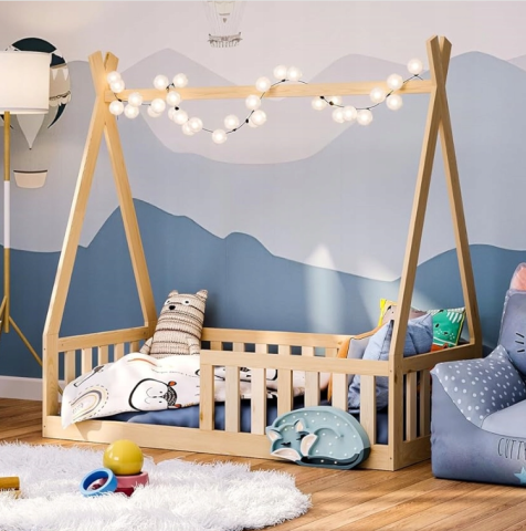 Pat Junior - Pat Copii TIPI 140x70cm natur din Lemn Masiv de Pin – Design Scandinav Căsuță, Montaj Direct pe Podea, cu Somieră | Sarcină Max 110kg