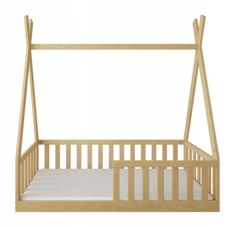 Pat Copii TIPI 140x70cm natur din Lemn Masiv de Pin – Design Scandinav Căsuță, Montaj Direct pe Podea, cu Somieră | Sarcină Max 110kg [5]