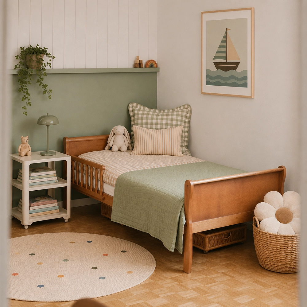 Pat Junior - Pat pentru Copii Woodies Noble Junior Bed 160x80cm, Vintage, Stil Francez, Bariere de Protecție Incluse, 5 ani+
