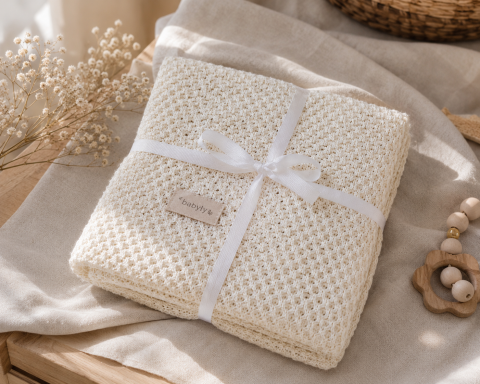 Paturici - Păturică Tricotată din Bambus și Bumbac BabyLy, Silky Soft, 80x100cm, Cream Shell, Termoreglatoare, Certificată