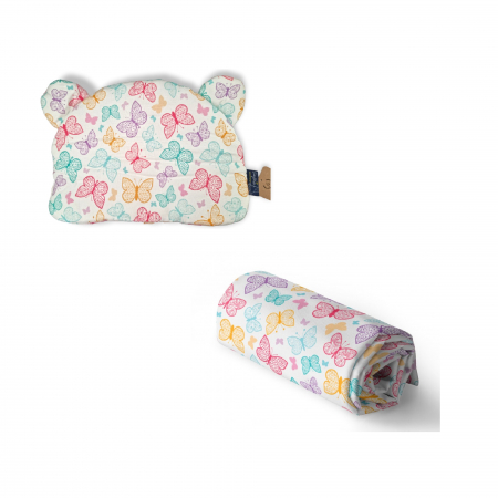 Paturici - Set din vascoza de bambus cu Paturica usoara si pernuta cu urechiuse pentru copii, Fluturi colorati 100x120cm