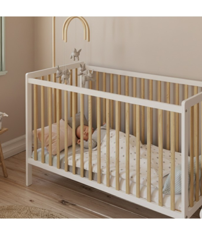 Pătuț 2 în 1 LUMI alb-natur 120x60 cm din Lemn, 3 niveluri somieră, Trepte detașabile + Barieră transformare [8]