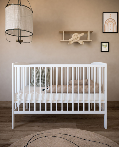 Pătuț 2 în 1 Pure alb 120x60 cm din Lemn, 3 niveluri somieră, Trepte detașabile + Barieră transformare [1]