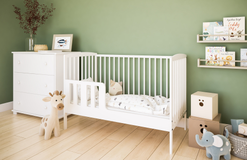 Pătuț 2 în 1 Pure alb 120x60 cm din Lemn, 3 niveluri somieră, Trepte detașabile + Barieră transformare [6]