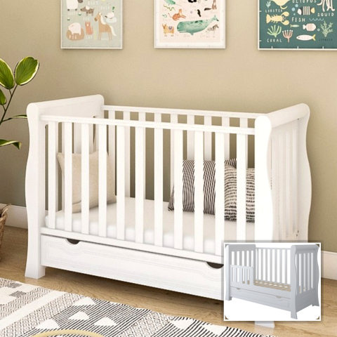 Patuturi lemn 120x60 cm - Pătuț 2 în 1 Megan alb 120x60 cm din Lemn, 3 niveluri somieră, Trepte detașabile + Barieră transformare + Sertar integrat