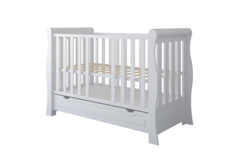 Pătuț 2 în 1 Megan alb 120x60 cm din Lemn, 3 niveluri somieră, Trepte detașabile + Barieră transformare + Sertar integrat [9]