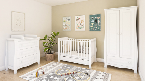 Pătuț 2 în 1 Megan alb 120x60 cm din Lemn, 3 niveluri somieră, Trepte detașabile + Barieră transformare + Sertar integrat [3]