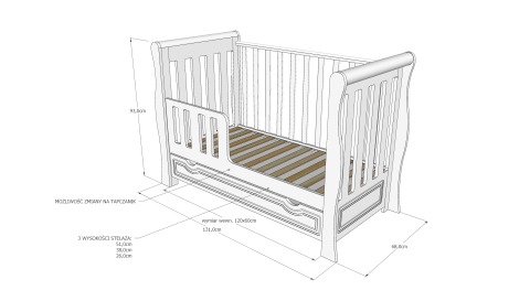 Pătuț 2 în 1 Megan alb 120x60 cm din Lemn, 3 niveluri somieră, Trepte detașabile + Barieră transformare + Sertar integrat [11]