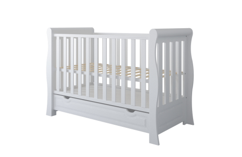 Pătuț 2 în 1 Megan alb 120x60 cm din Lemn, 3 niveluri somieră, Trepte detașabile + Barieră transformare + Sertar integrat [12]