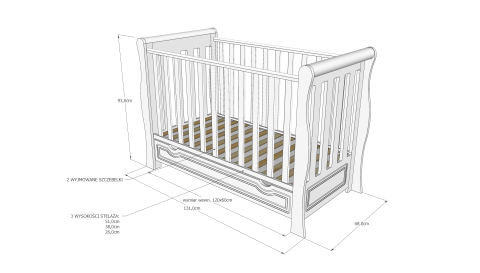 Pătuț 2 în 1 Megan alb 120x60 cm din Lemn, 3 niveluri somieră, Trepte detașabile + Barieră transformare + Sertar integrat [10]