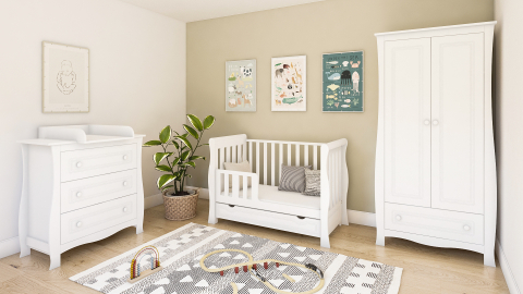 Pătuț 2 în 1 Megan alb 120x60 cm din Lemn, 3 niveluri somieră, Trepte detașabile + Barieră transformare + Sertar integrat [5]