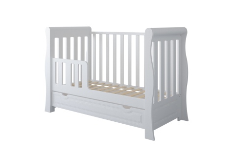 Pătuț 2 în 1 Megan alb 120x60 cm din Lemn, 3 niveluri somieră, Trepte detașabile + Barieră transformare + Sertar integrat [8]