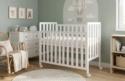 Pătuț Atașabil Co-Sleeper BAMBI 100x50cm Alb din Lemn – Laterală Culisantă, Roți cu Blocare, Somieră Reglabilă 3 Poziții | EN 716-1, Max 15kg [1]