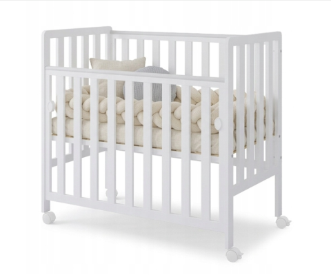 Pătuț Atașabil Co-Sleeper BAMBI 100x50cm Alb din Lemn – Laterală Culisantă, Roți cu Blocare, Somieră Reglabilă 3 Poziții | EN 716-1, Max 15kg [6]