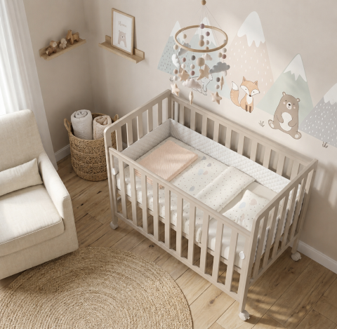 Pătuț Atașabil Co-Sleeper BAMBI 100x50cm Casmir din Lemn – Laterală Culisantă, Roți cu Blocare, Somieră Reglabilă 3 Poziții | EN 716-1, Max 15kg [1]