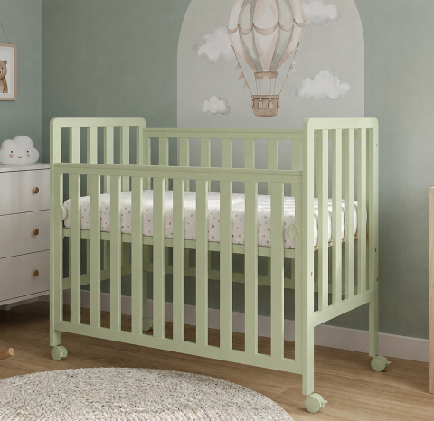 Patut mic Co-sleeping - Pătuț Atașabil Co-Sleeper BAMBI 100x50cm Mint din Lemn – Laterală Culisantă, Roți cu Blocare, Somieră Reglabilă 3 Poziții | EN 716-1, Max 15kg