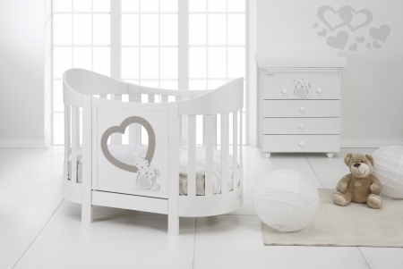 Patut oval din lemn masiv, cu sertar, laterala culisabila si inaltime reglabila a saltelei pentru bebe, Adamo cu saltea inclusa [3]