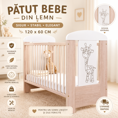 Patuturi lemn 120x60 cm - Patut bebe cu inaltime reglabila a saltelei, Giraffe Santana, 120x60 cm