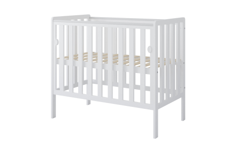 Pătuț din Lemn BAMBI Alb 100×50 cm Laterala culisantă · Roți cu blocare · Protecție silicon pentru dentiție · EN 716-1 [5]