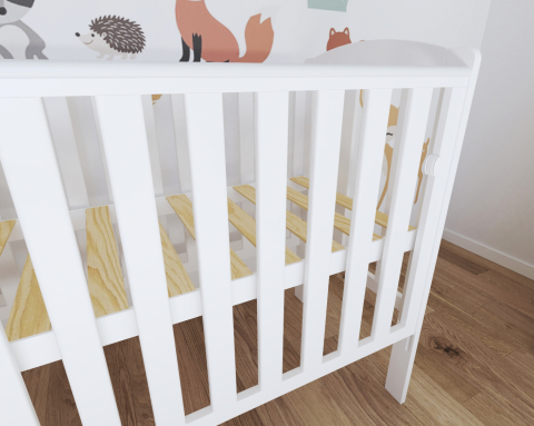 Pătuț din Lemn TOBI Alb 100×50 cm Laterala culisantă · Roți cu blocare · Protecție silicon pentru dentiție · EN 716-1 [4]