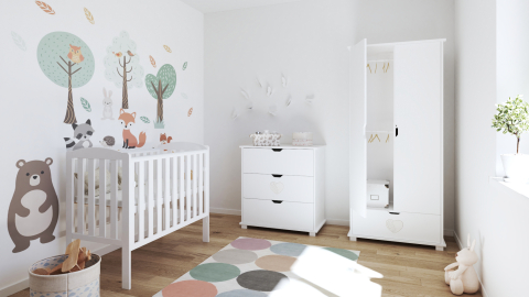 Pătuț din Lemn TOBI Alb 100×50 cm Laterala culisantă · Roți cu blocare · Protecție silicon pentru dentiție · EN 716-1 [3]