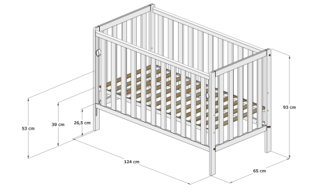Pătuț din Lemn BAMBI Cașmir 120×60 cm Laterala culisantă · Roți cu blocare · Protecție silicon pentru dentiție · EN 716-1 [7]