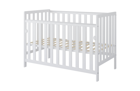Pătuț din Lemn BAMBI Alb 120×60 cm Laterala culisantă · Roți cu blocare · Protecție silicon pentru dentiție · EN 716-1 [2]