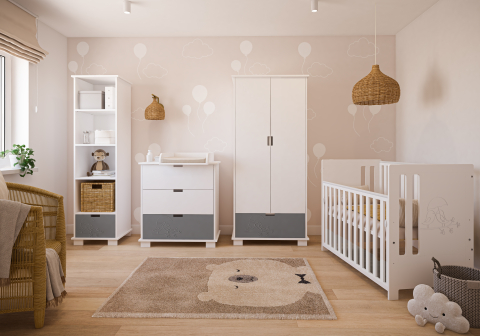 Pătuț din Lemn Păsărele Alb 120×60 cm Laterala culisantă · Protecție silicon pentru dentiție · EN 716-1 [2]