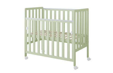 Pătuț din Lemn BAMBI Mentă 100×50 cm Laterala culisantă · Roți cu blocare · Protecție silicon pentru dentiție · EN 716-1 [3]