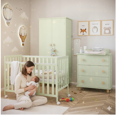 Pătuț din Lemn BAMBI Menta 120×60 cm Laterala culisantă · Roți cu blocare · Protecție silicon pentru dentiție · EN 716-1 [1]