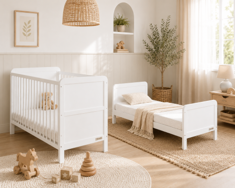 Patuturi transformabile - Patut din lemn masiv, transformabil pentru bebe si junior, Clasic Alb 140 x 70 cm