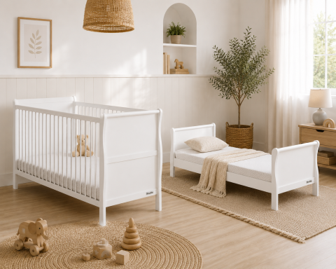 Patuturi transformabile - Patut din lemn masiv, transformabil pentru bebe si junior, Noble Alb, 140 x 70 cm