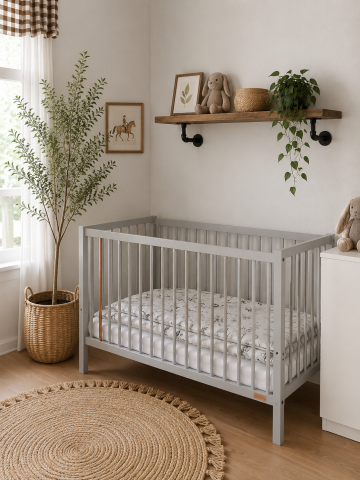 Patuturi lemn 120x60 cm - Pătuț din Lemn Masiv Woodies Stardust Cot 120x60cm, Gri Porumbel, Balustru Cupru Antibacterian, Ediție Limitată Craft, EN716