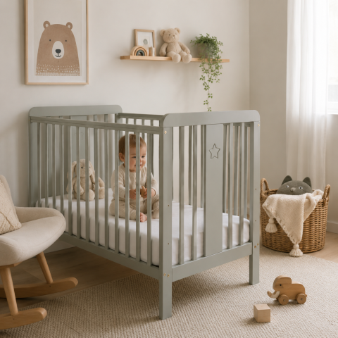 Patuturi lemn 120x60 cm - Patut din lemn pentru bebe, inaltime saltea reglabila, Star Baby Gri 120x60 cm