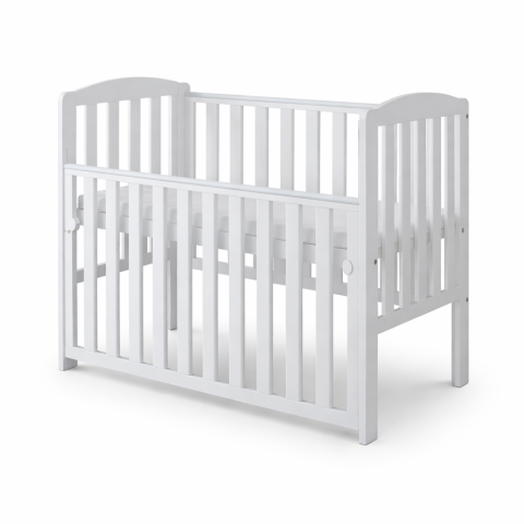 Pătuț din Lemn TOBI Alb 100×50 cm Laterala culisantă · Roți cu blocare · Protecție silicon pentru dentiție · EN 716-1 [9]