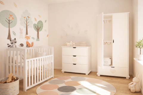 Pătuț din Lemn TOBI Alb 100×50 cm Laterala culisantă · Roți cu blocare · Protecție silicon pentru dentiție · EN 716-1 [1]