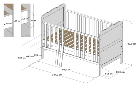 Pătuț evolutiv 140x70 cm Isabel 3in1 – pat bebe + junior + pat preșcolar, somieră reglabilă + Trepte detașabile [10]
