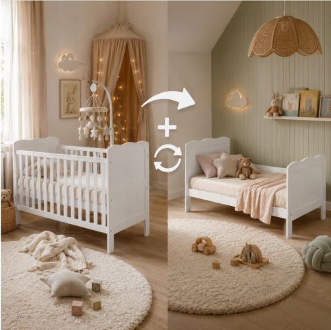 Patuturi transformabile - Pătuț Evolutiv 140x70cm Isabel 3în1 Alb – Pat Bebe + Junior + Pat Preșcolar, Somieră Reglabilă 3 Poziții + Trepte Detașabile | EN 716