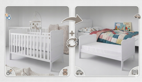 Pătuț Evolutiv 140x70cm Isabel 3în1 Alb – Pat Bebe + Junior + Pat Preșcolar, Somieră Reglabilă 3 Poziții + Trepte Detașabile | EN 716 [2]