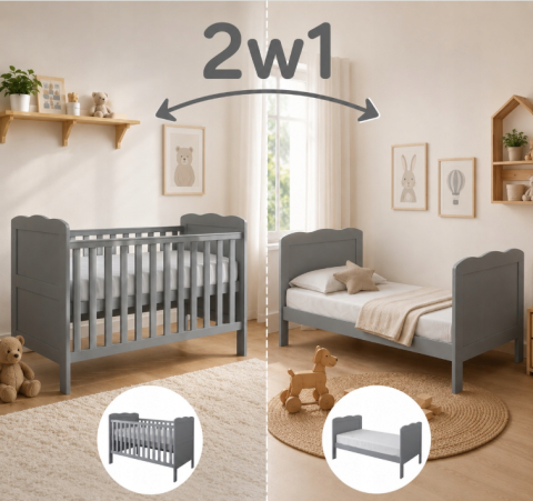 Patuturi transformabile - Pătuț Evolutiv 140x70cm Isabel 3în1 Gri – Pat Bebe + Junior + Pat Preșcolar, Somieră Reglabilă 3 Poziții + Trepte Detașabile | EN 716 - Copie