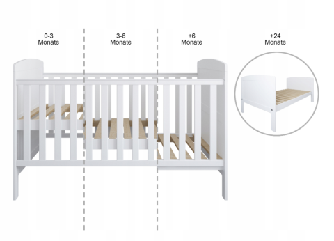 Pătuț Evolutiv 140x70cm Philip 3în1 Alb – Pat Bebe + Junior + Pat Preșcolar, Somieră Reglabilă 3 Poziții + Trepte Detașabile | EN 716 [11]