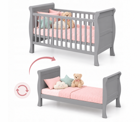 Pătuț Evolutiv 140x70cm Scarlet 3în1 Gri – Pat Bebe + Junior + Pat Preșcolar, Somieră Reglabilă 3 Poziții + Șipci Detașabile | EN 716-1, Max 40kg [1]