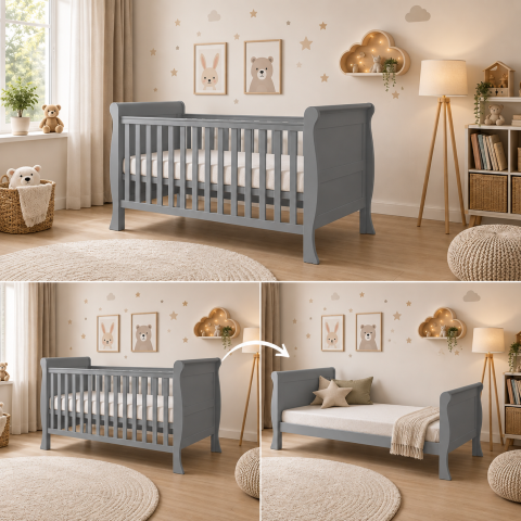 Patuturi transformabile - Pătuț Evolutiv 140x70cm Scarlet 3în1 Gri – Pat Bebe + Junior + Pat Preșcolar, Somieră Reglabilă 3 Poziții + Șipci Detașabile | EN 716-1, Max 40kg