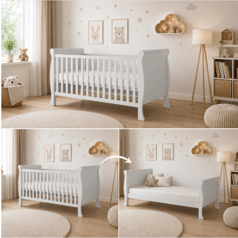 Patuturi transformabile - Pătuț Evolutiv 140x70cm Scarlet 3în1 Alb – Pat Bebe + Junior + Pat Preșcolar, Somieră Reglabilă 3 Poziții + Șipci Detașabile | EN 716-1, Max 40kg