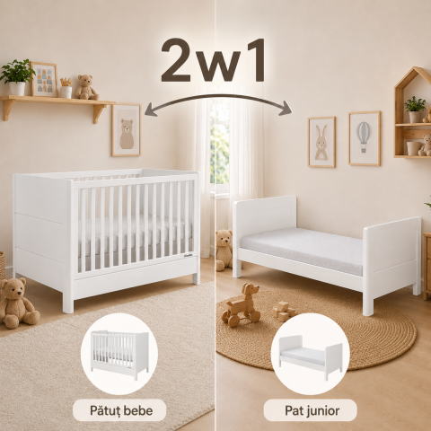 Pătuț Transformabil Woodies Safe Dreams Smooth 140x70 cm, Alb, 2în1 Bebe-Junior [0]