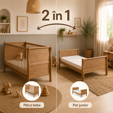 Patuturi transformabile - Pătuț Vintage Woodies Safe Dreams Noble 140x70 cm, Nuc Deschis, 2în1 Bebe-Junior