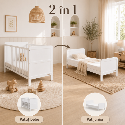 Patuturi transformabile - Pătuț Woodies Safe Dreams Clasic 140x70 cm, Alb, 2în1 Bebe-Junior